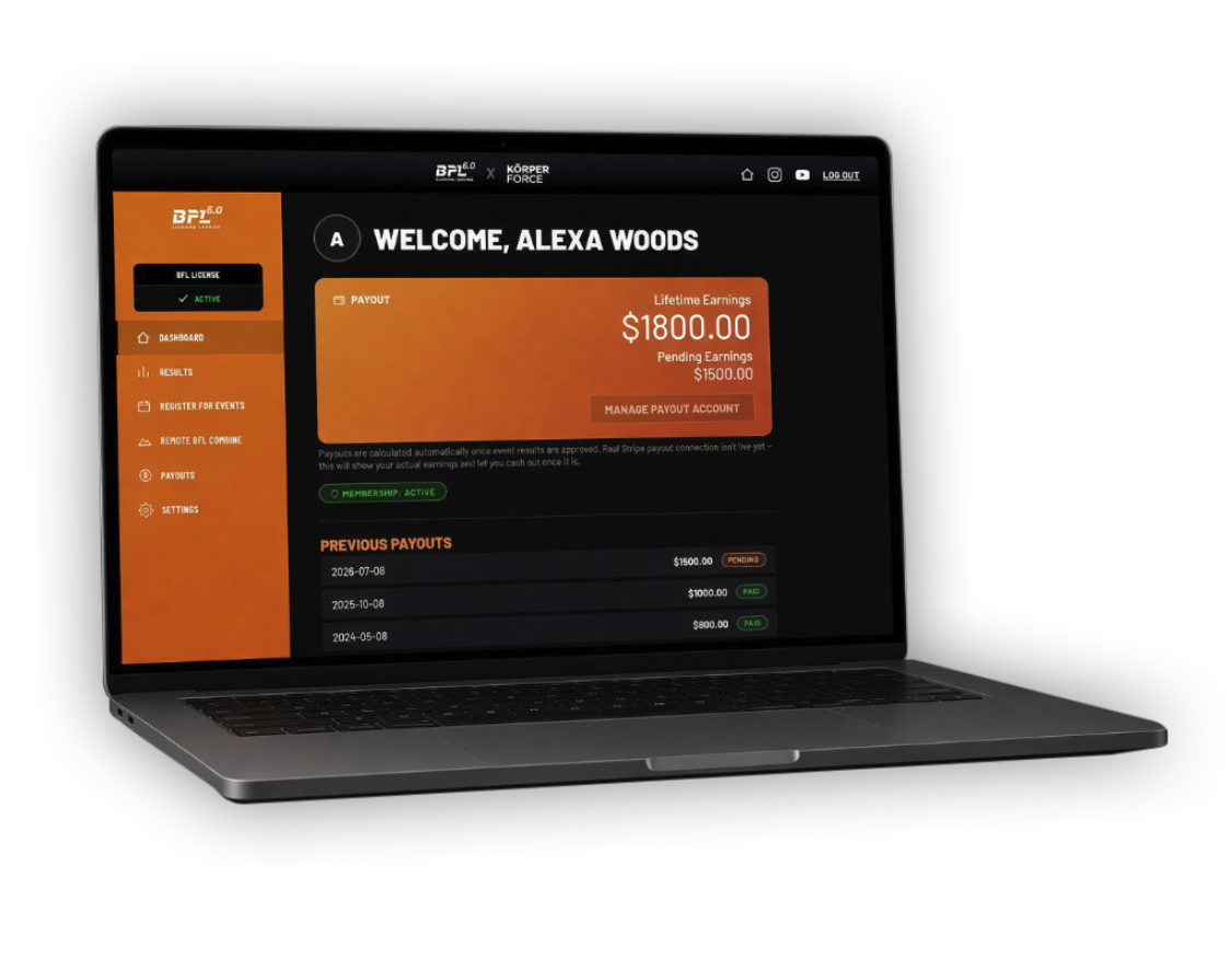 Preview of the BFL athlete dashboard